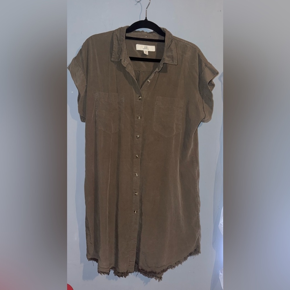 Thread & Supply Olive Button Front Lyocell Dress Medium Raw Hem